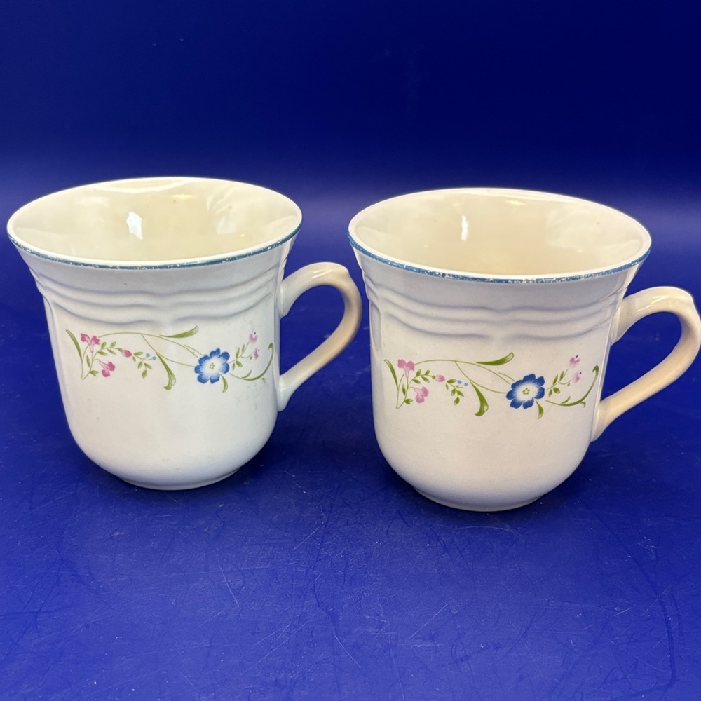 Floral Ceramic Mugs - Cream with Blue and Pink Accents by Shade Crest